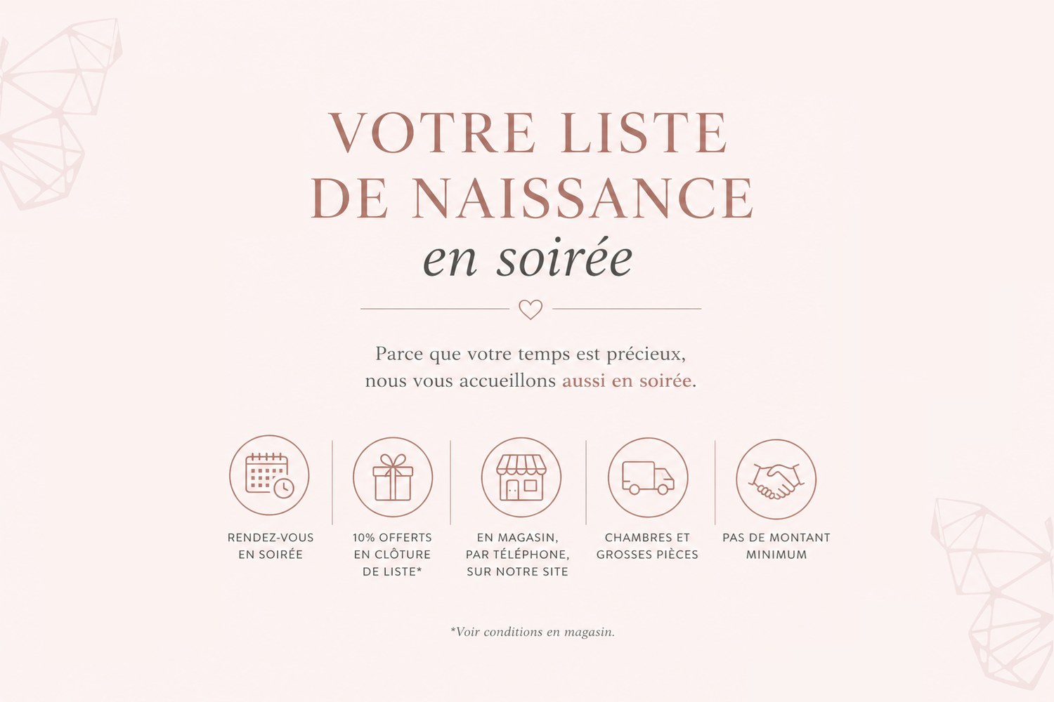 <h2 style="text-align: left;"><span style="font-family: Quicksand; font-size: 32px; color: rgb(165, 110, 97);">Votre liste de naissance en soirée</span></h2>